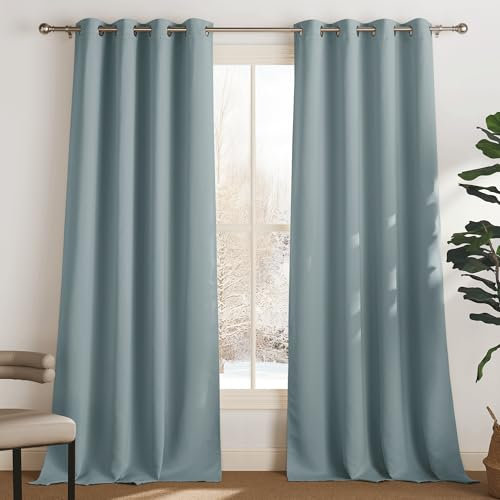 PONY DANCE Abdunkelnde Vorhänge Wohnzimmer Thermovorhang Hitzeschutz Ösenvorhang 2er Set H 260 x B 140 cm Verdunkelungsvorhang mit Ösen Gardinen Blickdicht, Graublau