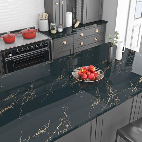 Livelynine Kitchen Counter Vinyl Wrap Marble Blue 40CMx10M Waterproof Stick on Wallpaper for Bathroom Wall Kitchen Splashback Navy and Gold Marble Effect Self Adhesive Vinyl Sticky Back Plastic Roll