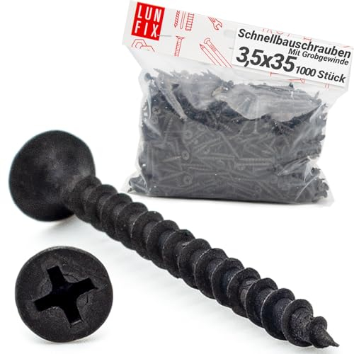 Lun Fix Schnellbauschrauben 3,5 x 35 mm (1000 Stück) | Trockenbauschrauben Mit Grobgewinde | Gipskartonschrauben | Schwarz Rigipsschrauben für Gipskartonplatten, Gipsplattenschrauben, Schnellschrauben