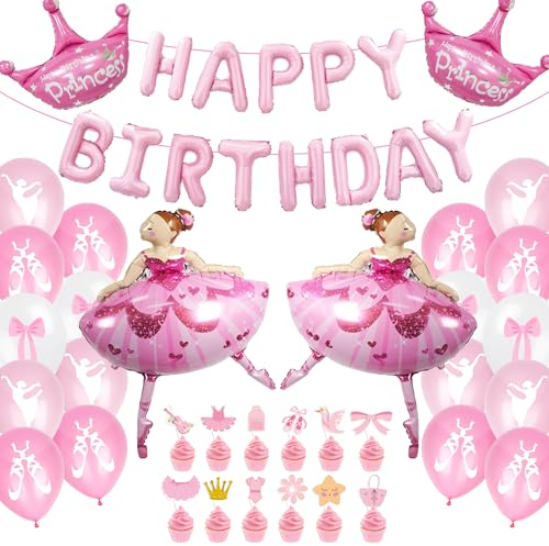Ballerina Geburtstag Deko Ballon Mädchen - 50 Stück Ballerina Deko Rosa Geburtstag Banner Folienballon, Krone Ballon, Kuchendekoration, Ballett Princess Balloon für Mädchen Geburtstag Deko Baby Shower