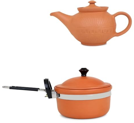 HIMANSH BUTIK Bouilloire en terre cuite et poêle à frire, combo pour la cuisine : argile, couleur : marron. Contenu de l'emballage : bouilloire avec poêle, capacité : - bouilloire - 700 ml / poêle - 1