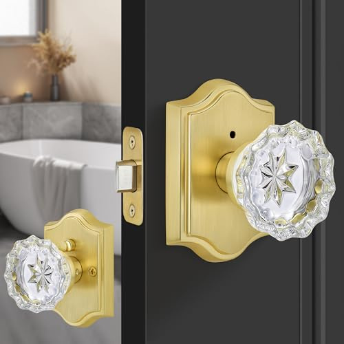 Gaurqiah Pomo de puerta de cristal interior con cerradura, perilla de puerta de vidrio de privacidad de latón satinado con cerradura de privacidad, perilla de puerta de cristal vintage para