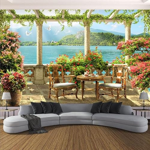 Fototapete 3D Effekt Balkon mit Blumen und Meerblick Tapeten Vliestapete Wandtapete Moderne Design Wand Wandbild Schlafzimmer Wohnzimmer Flur Wanddeko 200 x 140 cm