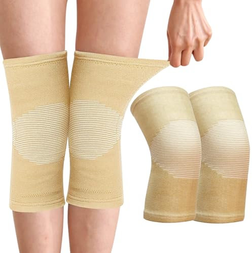 2 Stück Bambus Kniebandage Mit Kompression,Bambus Kniebandage,Kniebandage Männer Damen, Knie Bandagen Damen,Kniebandage Damen Arthrose,Knee Sleeves,Knieorthese Kniebandage Sport-Knieschoner (Beige, L)