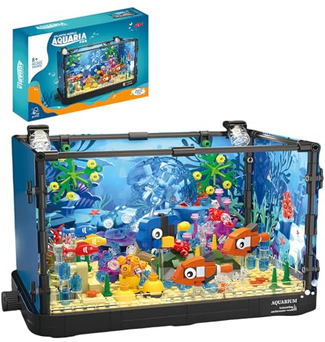 Aquarium Bausteine Bausatz, Aquarium Klemmbausteine für Erwachsene, Einschließlich Ozean Quallen, Krabben, Fische, Tiere BAU Spielzeug, Haus Büro Dekoration, 725 Teile