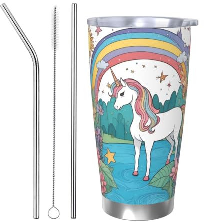 XZDCAL Unicorns by the river - Vaso de acero inoxidable de 20 onzas con borde plateado, tapa doble y juego de popotes