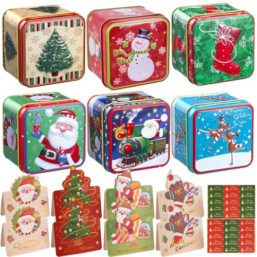 Fiwooze Weihnachtsdosen Plätzchendose Set, Keksdose Weihnachten, Keksdosen Blech Weihnachten, 6 Stück Metall Keksdose, Metalldosen Weihnachten für Geschenkkarten Kekse SüßIgkeiten