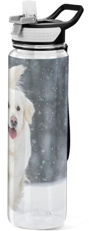 Mnsruu Botella de agua deportiva transparente con pajita, botella a prueba de fugas, lindo perro en invierno, botellas de ciclismo para deportes, oficina, escuela, plástico Tritan sin BPA, 1 litro