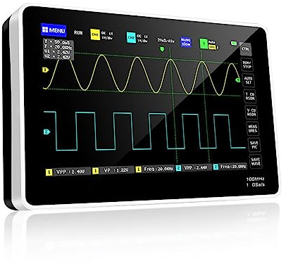 Oscilloscopio digitale, Oscilloscopio a 2 Canali, larghezza di banda 100 MHz, Oscilloscopio portatile schermo LCD touch da 7 pollici, frequenza di campionamento 1GSa/s, memoria da 1 GB