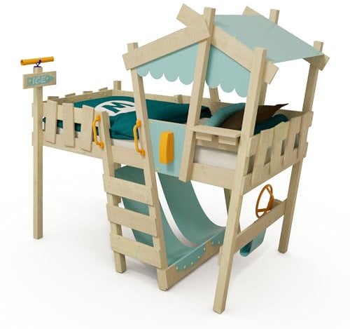 Wickey Kinderbett Crazy Snuggy - Hochbett, Spielbett für Kinder aus Massivholz mit Planendach - 90 x 200 cm - pastellblaue Plane