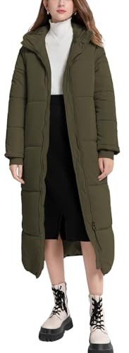 Sukany Women's Winter Hooded Long Quilted Coat Maxi Length Puffer Jacket Warm Zip Up Long Sleeve Padded Coat Thick Outerwear Army Green M