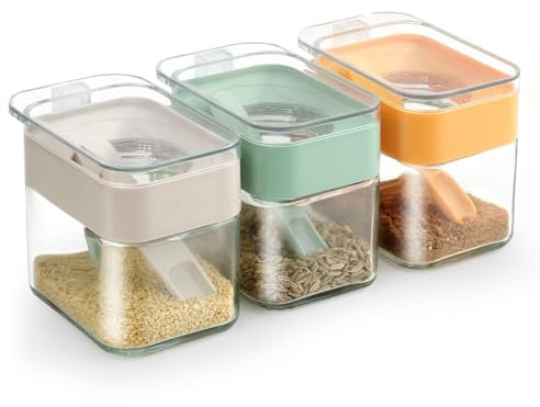 SHAIDOJIO 3 Piece Spice Jars, Glass Clear Seasoning Jars with Lid and Spoon, Square Spice Box, Sealed Spice Container Storage, Large Opening Seasoning Storage for Sugar Herb Spice Salt Pepper-3 Color