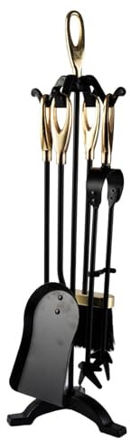 DYUNCZ Kaminbesteck, Kaminzubehör, Goldene Griffe, Schmiedeeisernes Kaminbesteck-Set, Kaminset mit Ständer, Feuerstellen-Werkzeuge mit Ständer, Schürhaken, Schaufel, Bürste, Zange