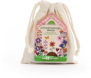 Saatgeschwister Saatkugeln Schmetterlingswiese – 5 Saatkugeln mit Wildblumenmischung für Schmetterlinge im Baumwollsäckchen | Seedbombs für bunte Wildblumen für Garten, Balkon & Terrasse