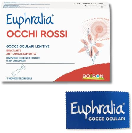 Euphralia Occhi Rossi - Gocce Oculari Arrossamento 15 monodose + Omaggio | rimedio per discomfort oculare, idratante, acido Ialuronico, acqua distillata di camomilla