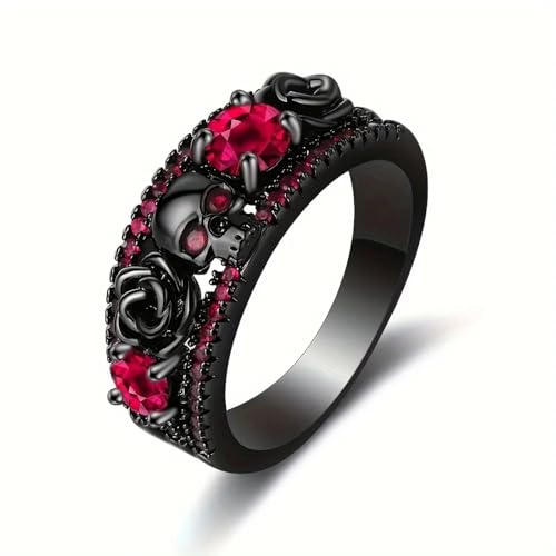 Hasdnker Ring Ringe Damen Bijouterie Herren Punky & Simply Style, Schwarzer Ring Im Totenkopf- Und Rosen-Design, Mit Glänzendem Zirkonia Besetzt, Geeignet Für Ringe Für Männer Und Frauen