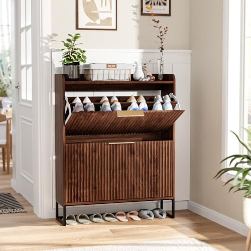 Bonnlo Shoe Cabinet with 2 Flip Drawers, Mid-Century Modern Design, Space-Saving Hidden Shoe Storage for Hallway Organization (Walnut)