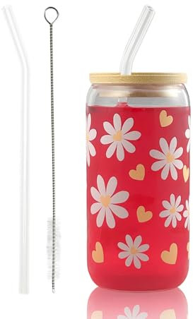 Bliceon Glass with Lid and Straw, 500 Ml Daisy and Heart Glass for Coffee, Cocktails and Beverages at Home, at Parties and on The Go, Multifunctional Drinking Glass