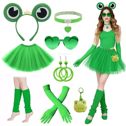 Moizkna Frosch Kostüm Damen Erwachsene, Froschkönigin Grün Kostüm, Frosch Haarreif,Handschuhe,Grüne Herzbrille, Ohrringe, Halskette, Froschkostüm für Halloween Fasching Karneval Cosplay Outfit