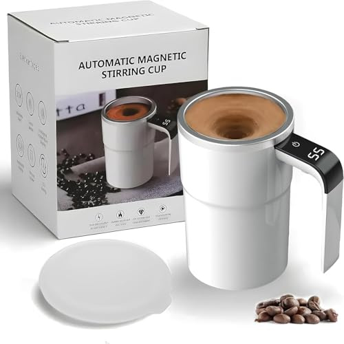 Starnearby Tasse à Café électrique à Mélangeur Automatique, 380 ml, Mug Agitateur Magnétique en Acier Inox avec Couvercle, Tasse Shaker à Protéines avec Affichage Numérique (Blanc)