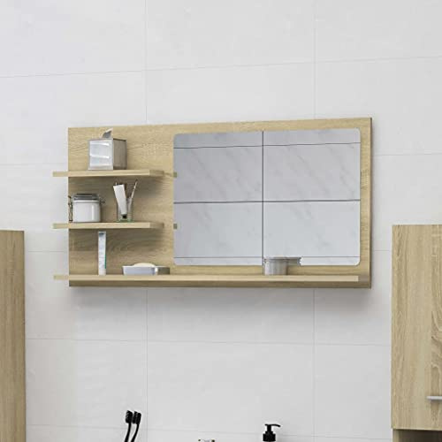 HaoChrymec Badspiegel Sonoma-Eiche, Holzwerkstoff, mit 3 Ablagen, Spiegel zum Aufhängen, für Badezimmer und Wohnzimmer, 90 x 10.5 x 45 cm
