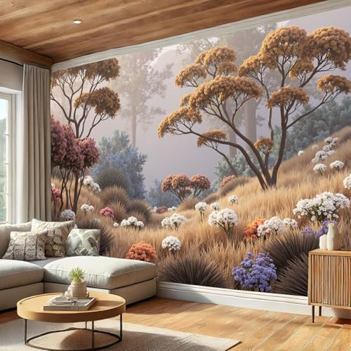 MIATCENRT Papier Peint Muraux Herbes Hautes Plantes Forêt Paysage, ‎150x105cm (L×H) Papier Peint Panoramique, Tableaux Muraux Beige marron Tapisserie Photo, Mural pour Salon, Chambre, Fond Décor TV