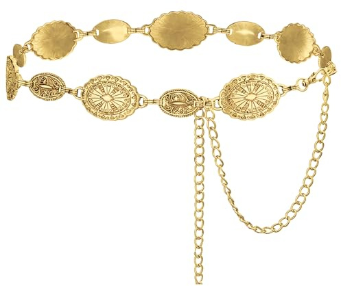 HIVTE Damen-Gürtel im Western-Stil mit Metall-Conchos, Taillenkette als Accessoire für Kleider und Hosen, goldene Schnalle, 130 cm Länge