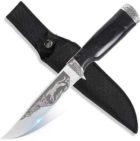 GER-SABER Outdoor Messer 27cm – Gerade Rücken Klinge mit Leopard-Lasergravur, Verzierter Handschutz und Abschluss, Rinderhorn-Griff, Mysteriöser Naturbegleiter