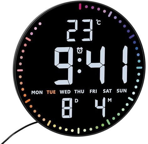 TFA Dostmann LED Wanduhr digital, 25,5 cm, Temperatur, Datum, Wecker | 60.4002 Mit Netzadapter, Kalenderanzeige, 12/24 H, 3 Helligkeitsstufen, weiße Ziffern, bunt, schwarz