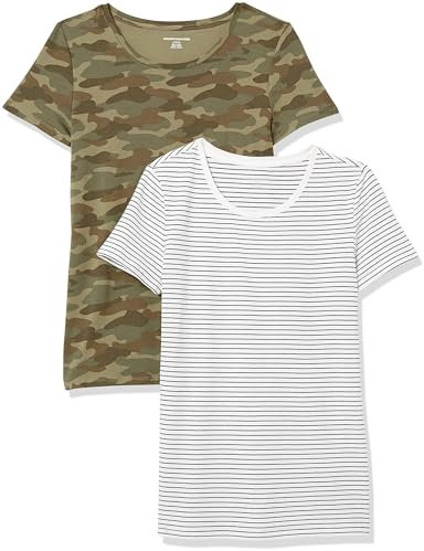 Amazon Essentials Women's Regular-Fit Short-Sleeve Crewneck T-Shirt, Pack of 2, Olive Camo/White Stripes, XL