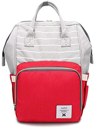 SONARIN Streifen Multifunktions Baby Wickelrucksack, Wickeltasche,Reise-Rucksack-Organizer mit Flasche isoliert Taschen,Wasserdicht, Große Kapazität, Stilvoll und Langlebig, Ideal Geschenk(Rot)