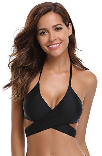 SHEKINI Damen Bademode Rückenfrei Verstellbar Crossover Ties-up Bikinioberteil Push up Triangel Strandkleidung (Medium, Bikini Top-Schwarz)