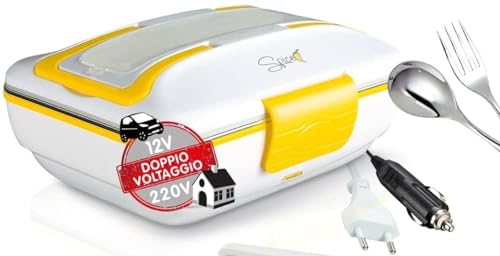 Spice Amarillo inox Trio PLUS Scaldavivande portatile Lunch Box 40 W coperchio con guarnizione, Doppio Voltaggio Double Voltage 220V - 12V + 2 Vaschette Acciaio inox estraibili