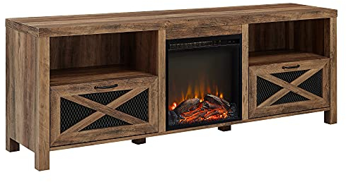 Walker Edison Modern Farmhouse X Wood Fireplace Universal Stand for TV's up to 80 Flat Screen Living Room Storage Shelves Entertainment Center, 70, Reclaimed Barnwood