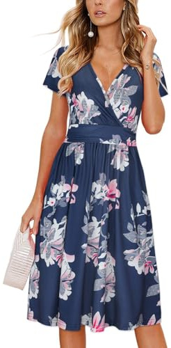OUGES Women's Summer Short Sleeve V-Neck Floral Casual Ladies Dress with Pockets (Floral06,M)