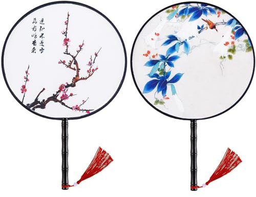 Waline 2 Pack Chinese Round Fan - Ancient Hand Fan With Translucent Silk, Pink Blue Traditional Palace Paddle Design, Vintage Double-Sided Pattern For Wedding Favor, Home Decor