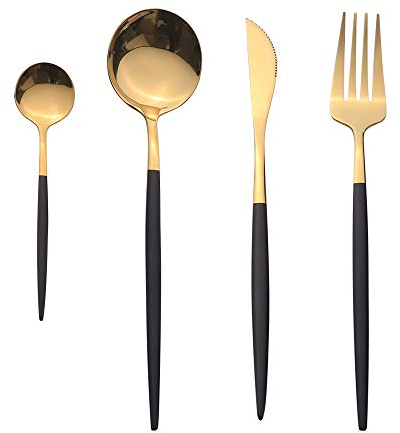 8 Stück Edelstahl Besteck,Gold Besteck Edelstahl,Besteck Set aus Edelstahl,Schwarz und golden Besteck,Einschließlich Messer/Gabel/Löffel/Teelöffel, Für 2 Personen (Schwarzes Gold)