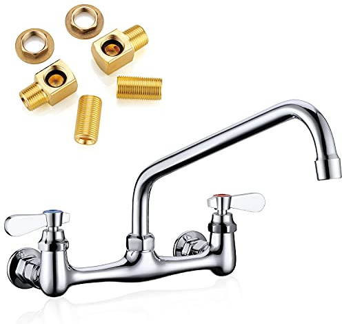 Favorpo Wall Mount Faucet 8 Inches Center Commercial Kitchen Faucet, 12 Inches Swivel Spout Wall-Mount Utility Sink Faucets, 2 Handle Wall Mounted Faucets for Kitchen Laundry Room Restaurant