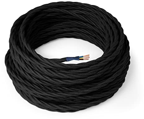 Amarcords - Cavo elettrico tessile colore NERO trecciato cotone 3 metri con messa a terra 3x075mm - Filo rivestito in tessuto colorato vintage per lampade lampadari applique e abat jour.