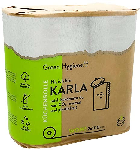 Green Hygiene Karla, Küchenrollen, 3-lagig, Recycling, schön weiß, 100 Blatt, 24,1x22cm, Ø Rolle: 13,8cm, 18x2 Rollen, 36 Rollen/VE, Küchenkrepp, Küchenpapier, co2-neutralisiert, plastikfrei