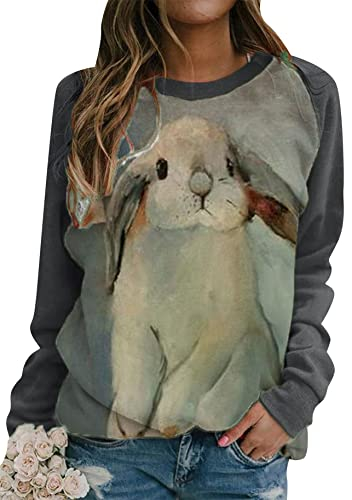 Yming Damen Casual Langarm Pullover Rundhals Pullover Osterhase Sweatshirt Grau Weiß S