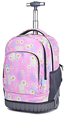 BOZONLI Trolley Rucksack Schulranzen mit Rollen Laptop Handgepäck Tasche Koffer Wasserdicht Trolley Mädchen Jungen Rucksack mit Rollen Schulranzen für Teenager (Pinke Blumen)