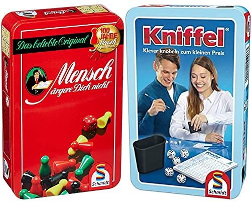 Schmidt Spiele 51204 Mensch ärgere Dich Nicht, Bring Mich mit Spiel in der Metalldose, Bunt & 51203 Kniffel, Bring Mich mit Spiel in der Metalldose, bunt