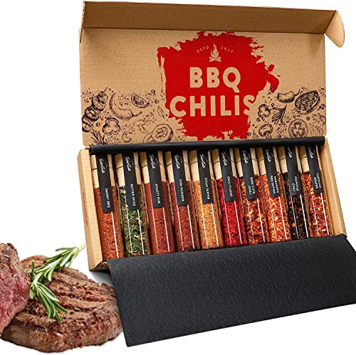 TIMBER TASTE® Chili & Grillgewürze Geschenkset Männer [10er Kombi-Set] - 5 erlesene Grill Gewürze + 5 scharfe Chilli Gewürz Set bis zu 950.000 Scoville - Besondere Geschenke für Herren & Erwachsene