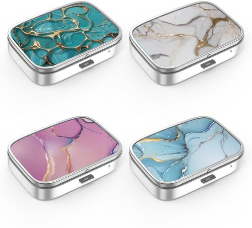 Pillendose 2 Fach Medizin Pillendose, tragbare Pillendose für Tasche oder Geldbörse Pillendose Dekorativer Metall-Medizin-Vitamin-Organizer Einzigartiges Geschenk (Set-4-marble, 4 Pieces)
