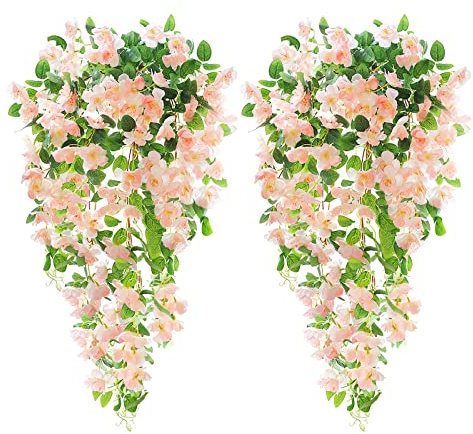Souarts Bouquet Fleur Artificielle Exterieur Interieur,Guirlande Plastique Fausse Lierre Plante tombante Decoration Mariage Balcon Mur Jardin Suspendu D Rose Clair Fleurs de Cerisier