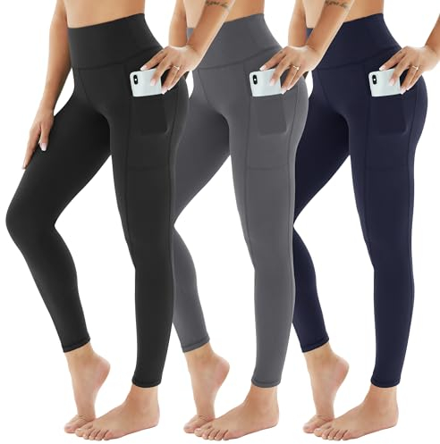 AMIYOYO Sport Leggings Damen mit Tasche High Waist Leggins Blickdicht Sporthose Bauchweg Sportleggins Lang Dehnbar Hose Yoga für Gym Fitness 3er Pack