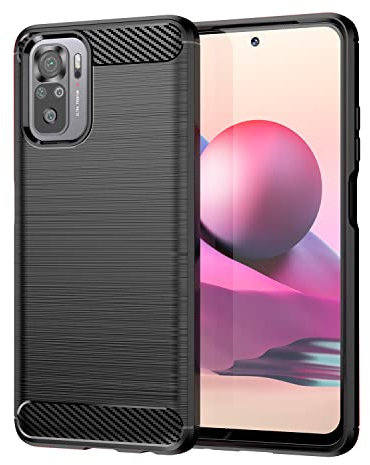 Funda para móvil Xiaomi Redmi Note 10 / Redmi Note 10s Carcasa Protectora Antigolpes Silicona Negra Diseño Fibra de Carbono Resistente Absorción de Choque [Compatible Carga Inalámbrica]