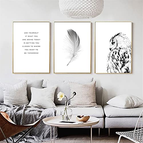 CULASIGN 3er Poster Set Schwarz Weiß Gefiederte Eule und Zitate zur Inspiration, Wandbilder Moderne Bilder Set OHNE Rahmen, Home Deko für Schlafzimmer und Wohnzimmer (50x70cm)