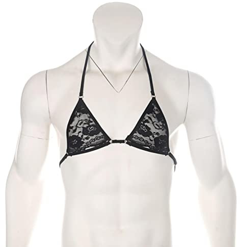 CHOUBAGUAI Sexy Herren Spitze Dessous BHs Nachtwäsche Neckholder Verstellbare Träger Geschirr Hombre Mini BH-N165A Schwarz, S